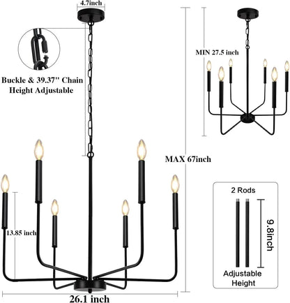 Black Farmhosue Chandeliers for Dining Room Light Fixture Ceiling Hanging, 26" 6 Lights Modern Candle Linear Traditional Metal Chandeliers for Dining Room Bedroom Living Room Foyer Kitchen