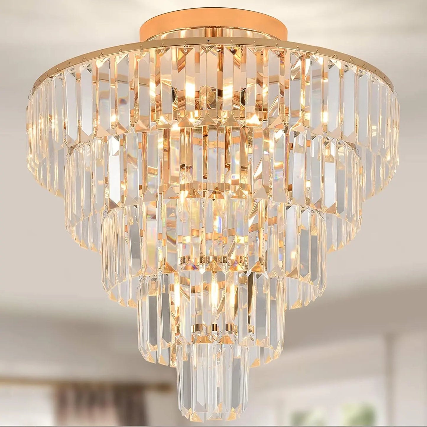 Modern Gold Crystal Chandeliers,5-Tier round Semi Flush Mount Chandelier Light Fixture,Large Contemporary Luxury Ceiling Lighting for Living Room Diningroom Hallway, H20.5'' X D20''