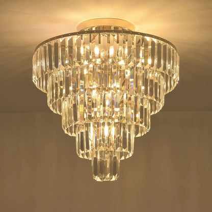 Modern Gold Crystal Chandeliers,5-Tier round Semi Flush Mount Chandelier Light Fixture,Large Contemporary Luxury Ceiling Lighting for Living Room Diningroom Hallway, H20.5'' X D20''