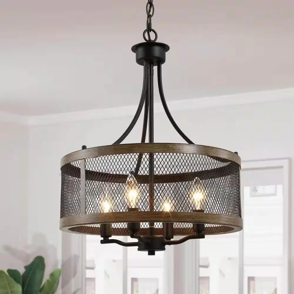 Black Drum Chandelier 4-Light Candlestick Dark Brown Farmhouse round Pendant with Open Cage Frame and Wood Accent