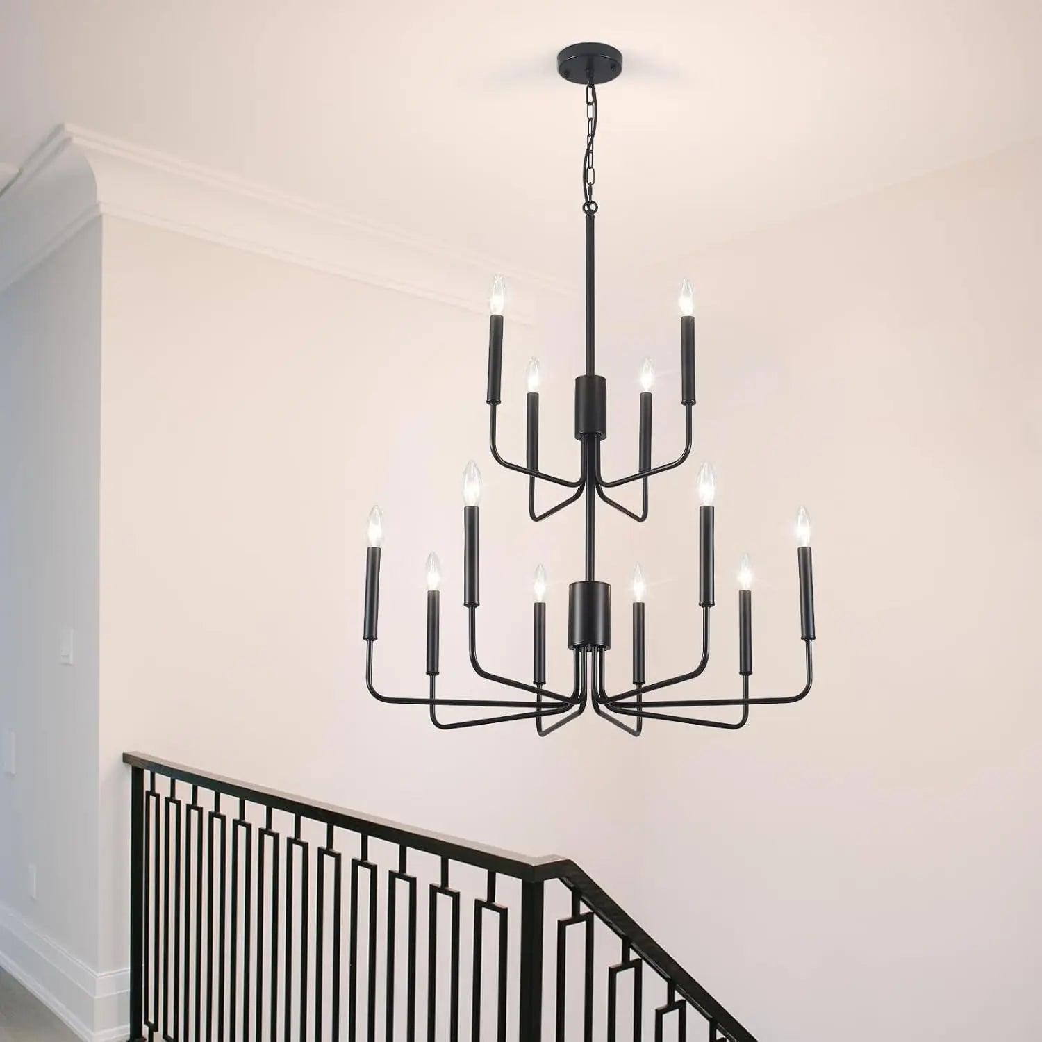 Black Chandeliers Modern Two Tier Chandelier for Dining Room 12 Light Industrial Metal Pendant Light Fixture for Foyer Entryway Living Room Kitchen Island Bedroom