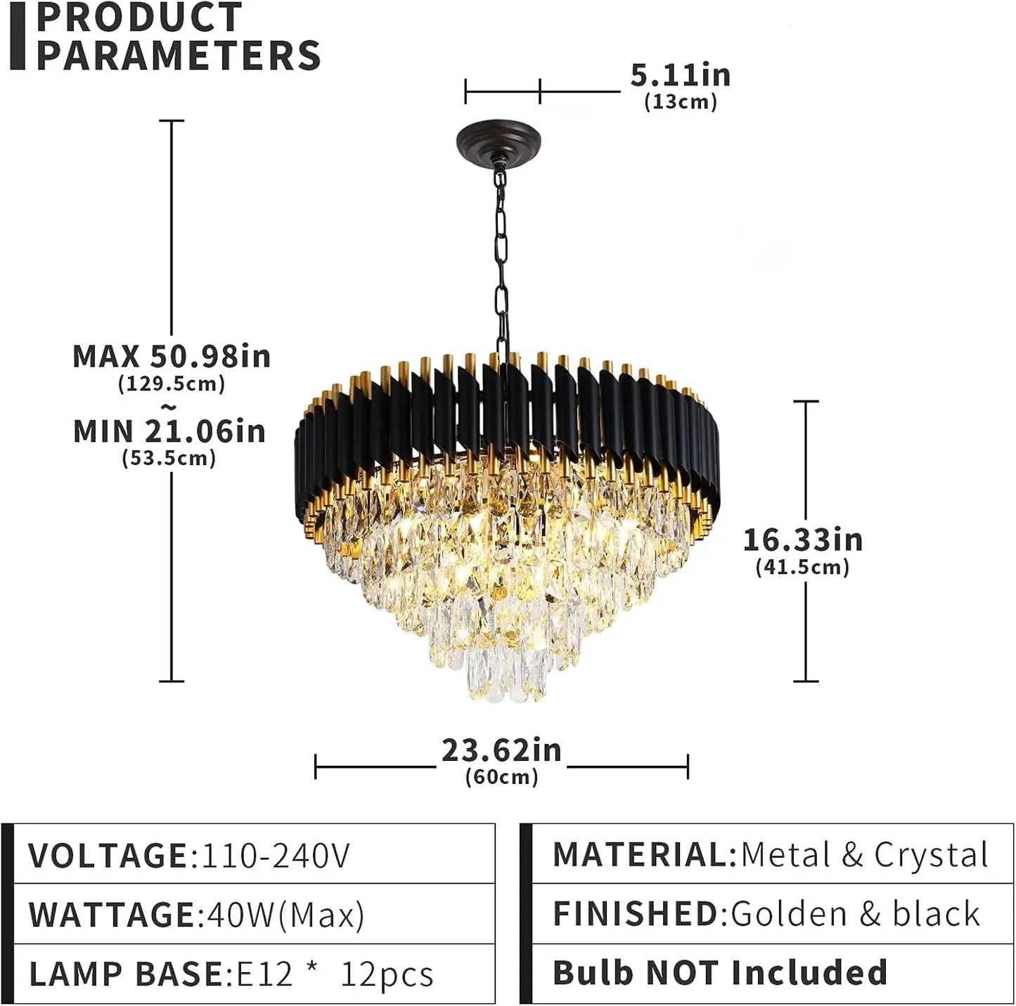 Modern Crystal Chandelier Dining Room Gold Black Crystal Chandeliers 5-Tier Large K9 Crystal Chandelier round Hanging Crystal Pendant Light Fixture for Foyer Bedroom Farmhouse W24 12 Lights