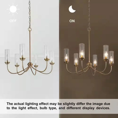 Plated Brass Linear Candlestick Island Chandelier 6-Light Pendant Light with Seeded Glass Shades for Bedroom Dining Room