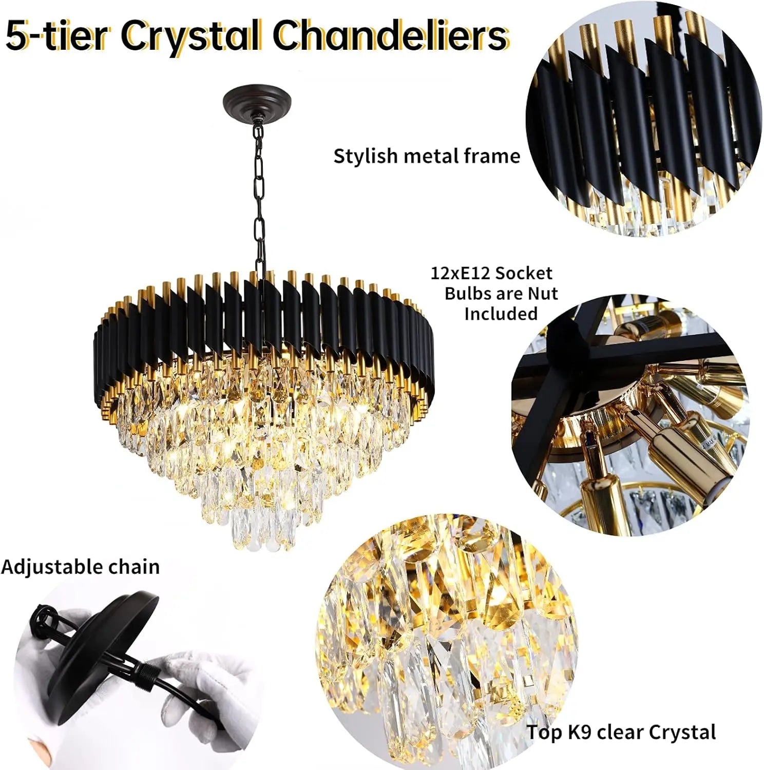 Modern Crystal Chandelier Dining Room Gold Black Crystal Chandeliers 5-Tier Large K9 Crystal Chandelier round Hanging Crystal Pendant Light Fixture for Foyer Bedroom Farmhouse W24 12 Lights