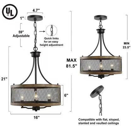 Black Drum Chandelier 4-Light Candlestick Dark Brown Farmhouse round Pendant with Open Cage Frame and Wood Accent