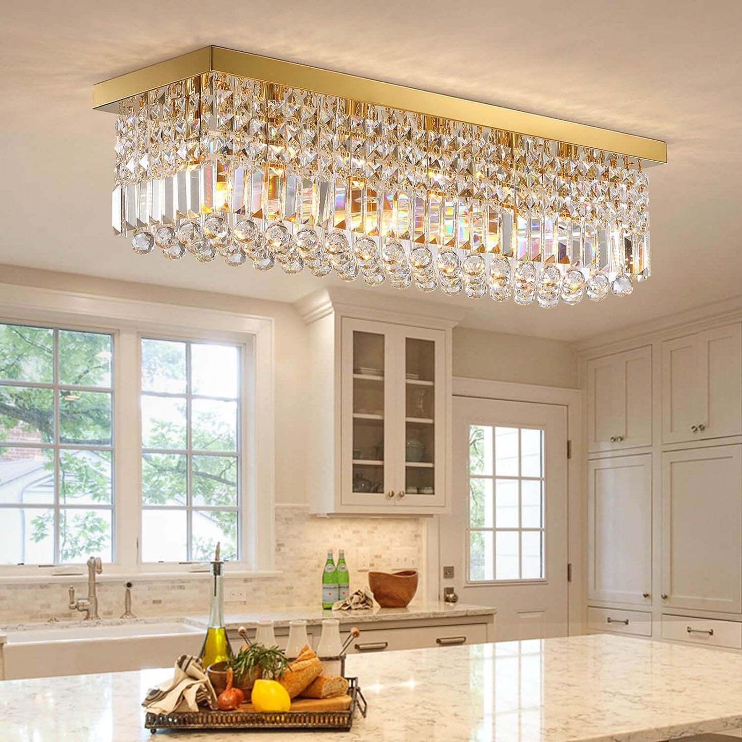 Ceiling Mount Rectangular Crystal Raindrop Chandelier