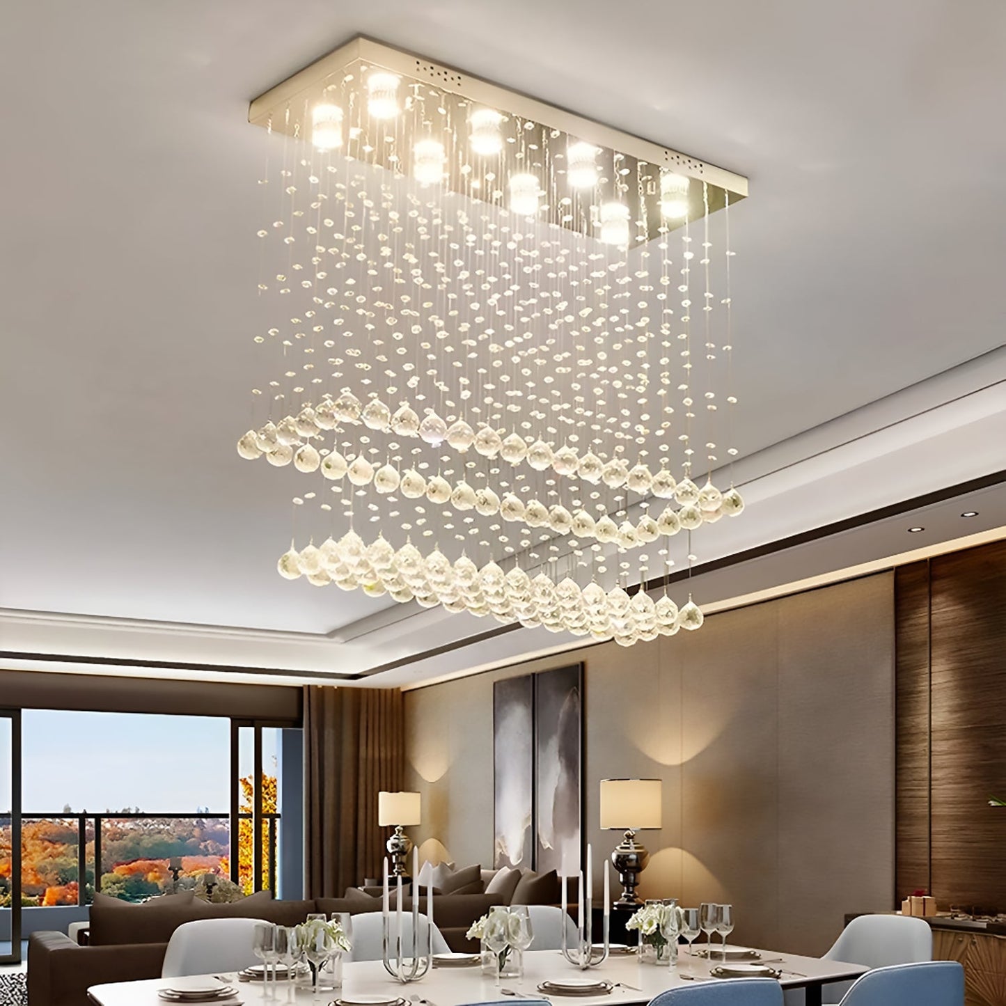 Contemporary Rectangular Crystal Chandelier Ceiling Light