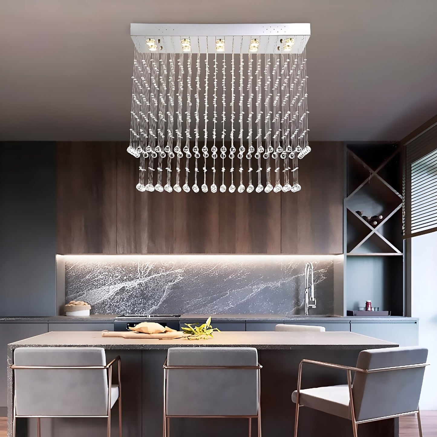 Contemporary Rectangular Crystal Chandelier Ceiling Light