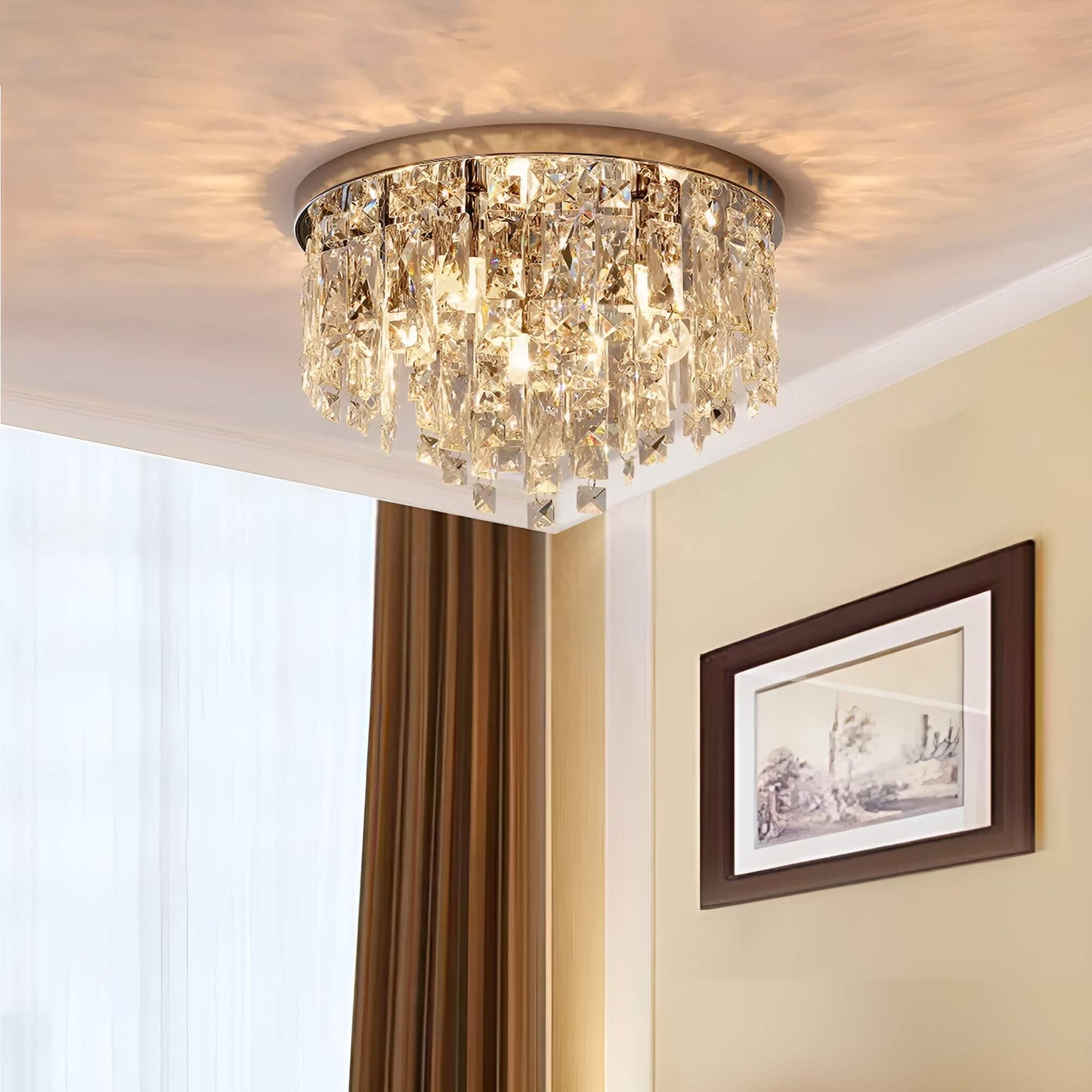 Contemporary Round Crystal Bedroom Chandelier - Flush Mount Ceiling Lights