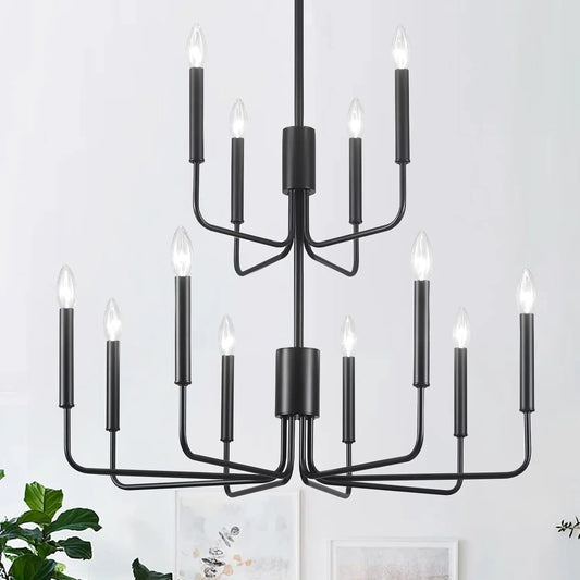 Black Chandeliers Modern Two Tier Chandelier for Dining Room 12 Light Industrial Metal Pendant Light Fixture for Foyer Entryway Living Room Kitchen Island Bedroom