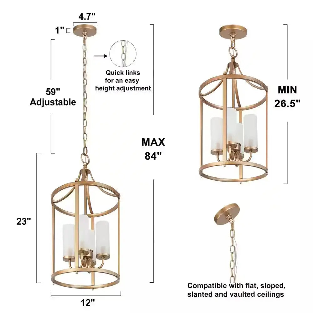 Modern Gold Lantern Chandelier, Drum 4-Light Cylinder Caged Pendant Light with Frosted Glass Shades for Kitchen Bedroom