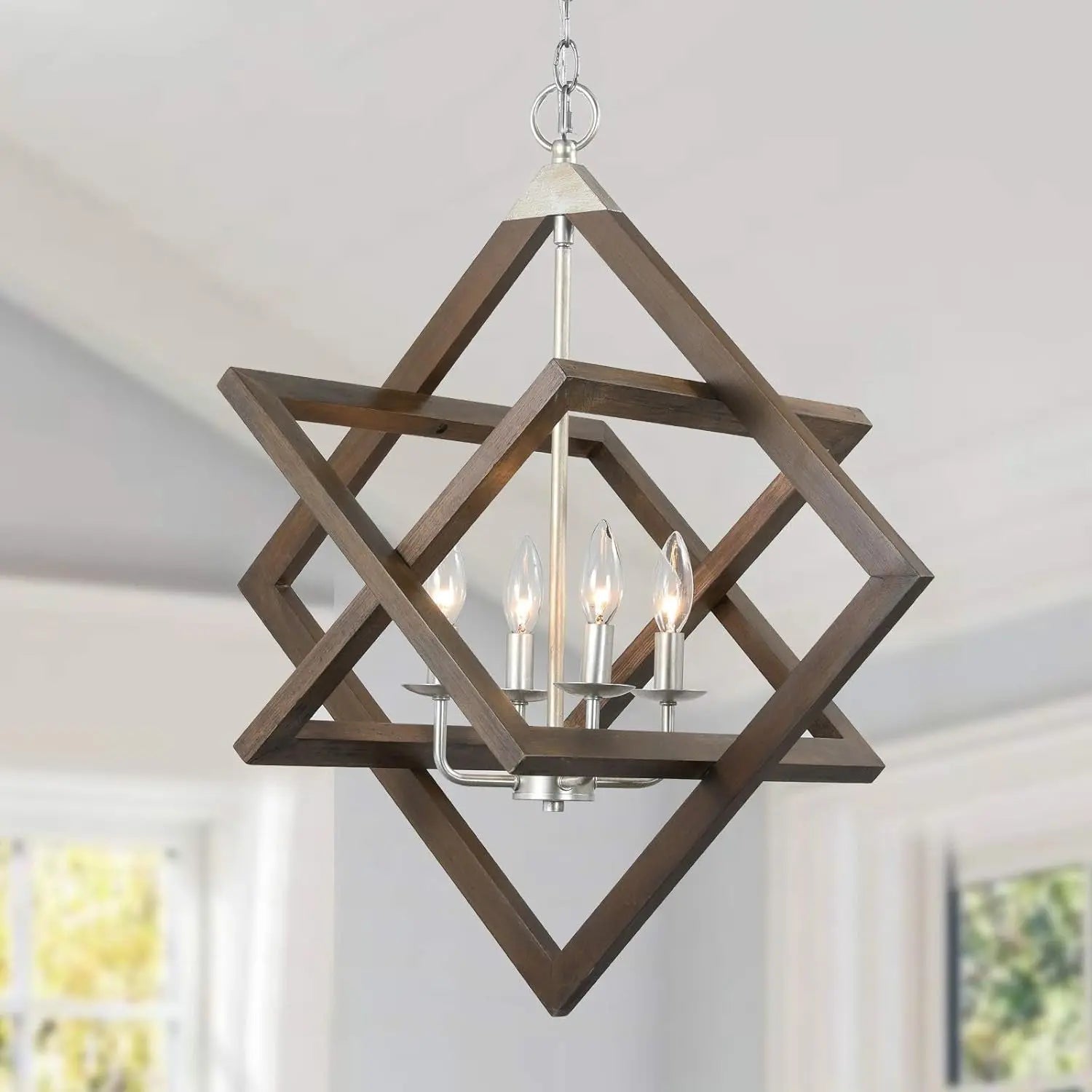 2024 Upgraded Farmhouse Wood Brushed Nickel Geometric Chandeliers for Dining Room, 4-Light Rustic Entryway Foyer Light Fixture Vintage Pendant Lighting for Kitchen Island Living Room Bedroom