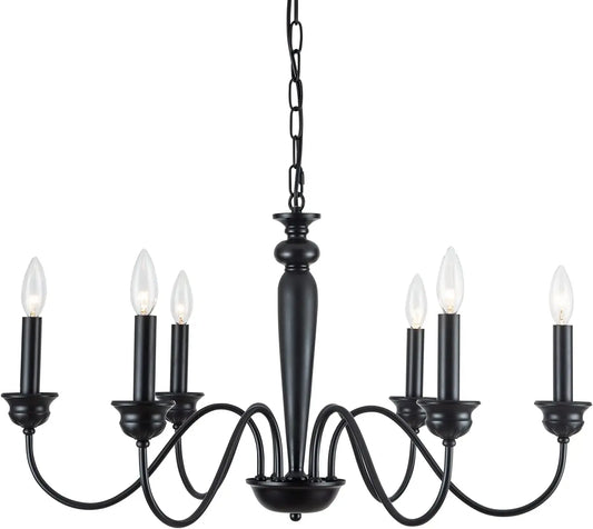 Farmhouse Dining Room Chandelier, Black 6-Lights Candelabra Industrial Chandelier for Dining Room Kitchen Island Living Room Foyer Bedroom Rustic Chandelier, 28 Inches