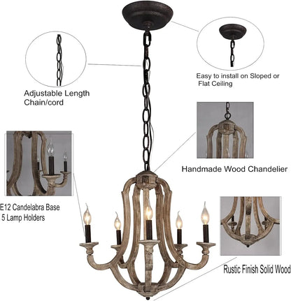 Farmhouse 5-Light Wood Chandelier, Rustic Wooden Empire Chandeliers, Height Adjustable Retro Ceiling Pendant Light for Dining Room, Kitchen, Living Room, Bedroom