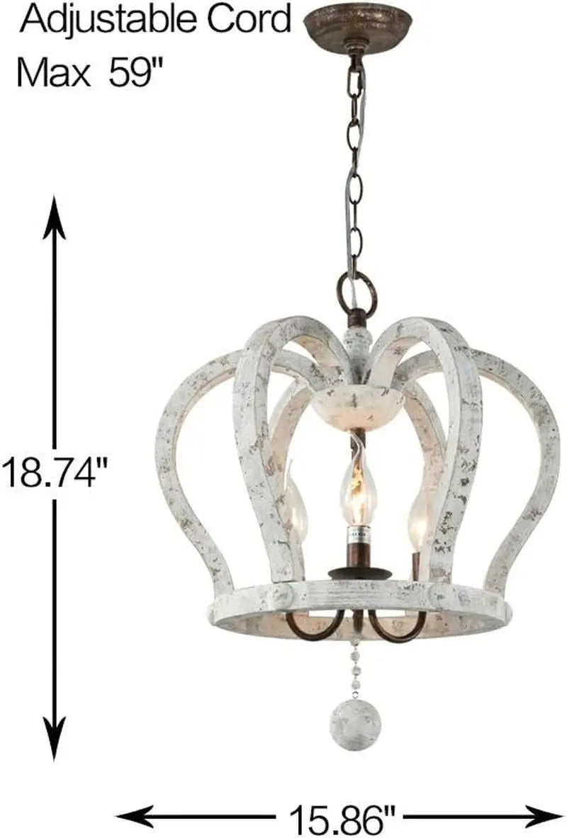 Farmhouse Crown Chandelier,Distressed White Wooden Chandelier,3-Light Vintage Pendant Light Wood Rustic Chandelier for Living Room Dining Room Foyer Hallway Bedroom Kitchen Island