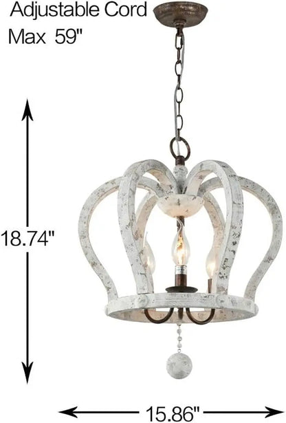 Farmhouse Crown Chandelier,Distressed White Wooden Chandelier,3-Light Vintage Pendant Light Wood Rustic Chandelier for Living Room Dining Room Foyer Hallway Bedroom Kitchen Island