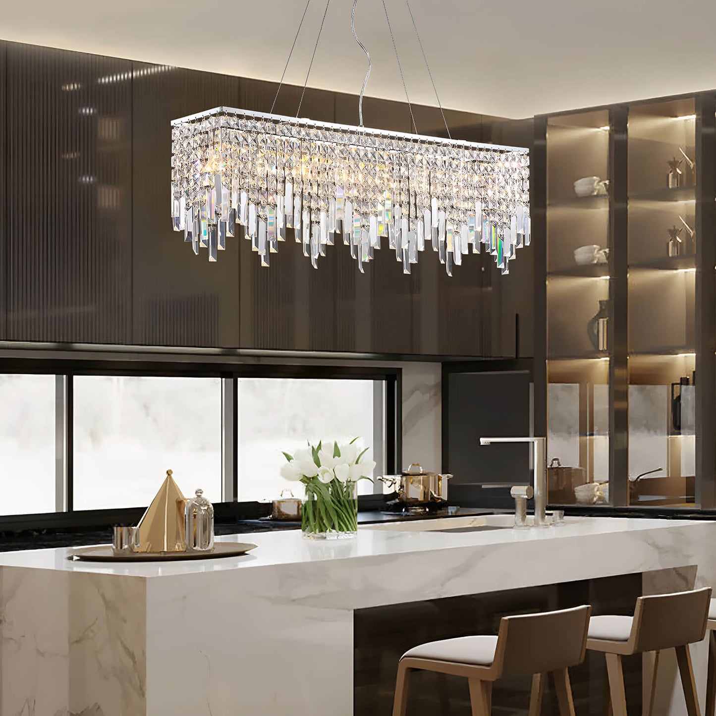 Rectangular Crystal Chandelier With Linear Design - Dining Room