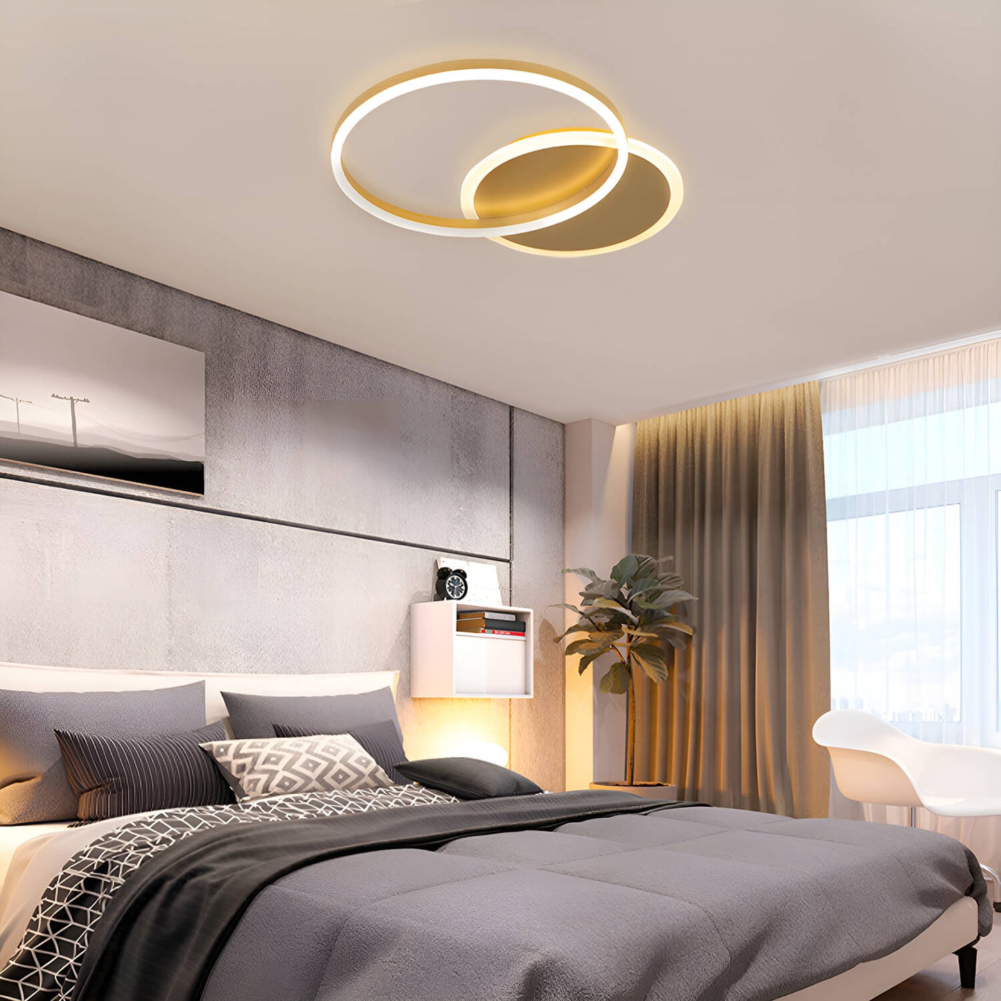 Modern LED Gold Ceiling Light Fixture with 2 Round Aluminum Rings