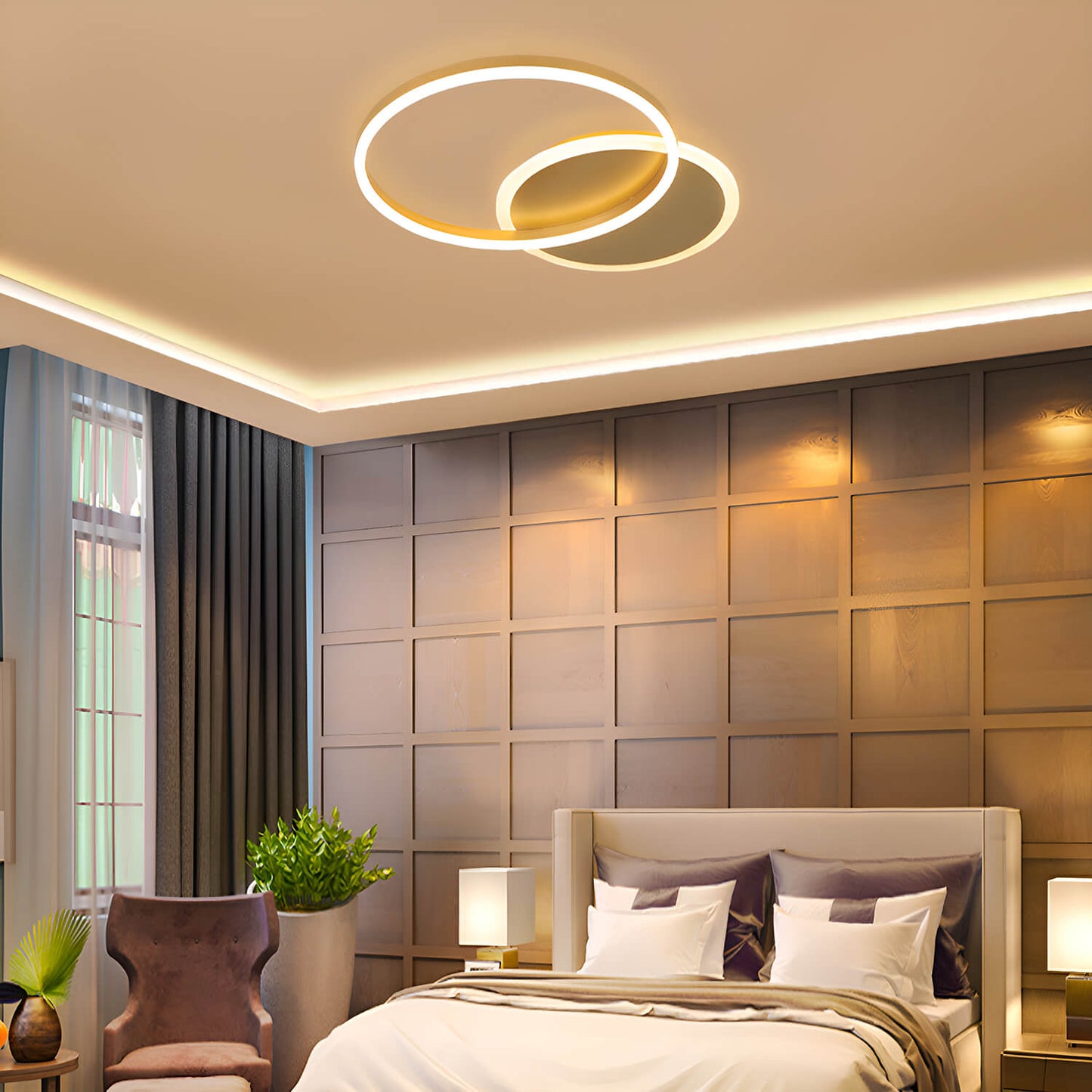 Modern LED Gold Ceiling Light Fixture with 2 Round Aluminum Rings