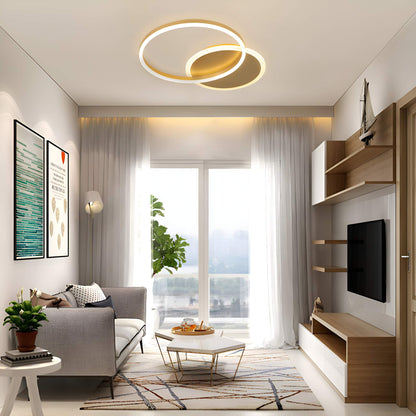 Modern LED Gold Ceiling Light Fixture with 2 Round Aluminum Rings